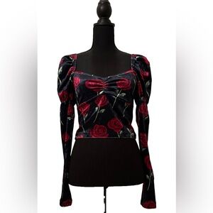 Dolls Kill Rose Floral Velvet Long Puff Sleeve Crop Top